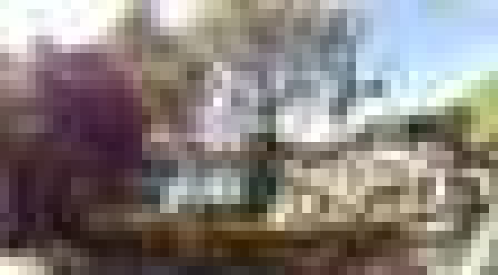 A 56 by 31 pixel scene: a purple flowering tree on the left, green trees and bright sky behind